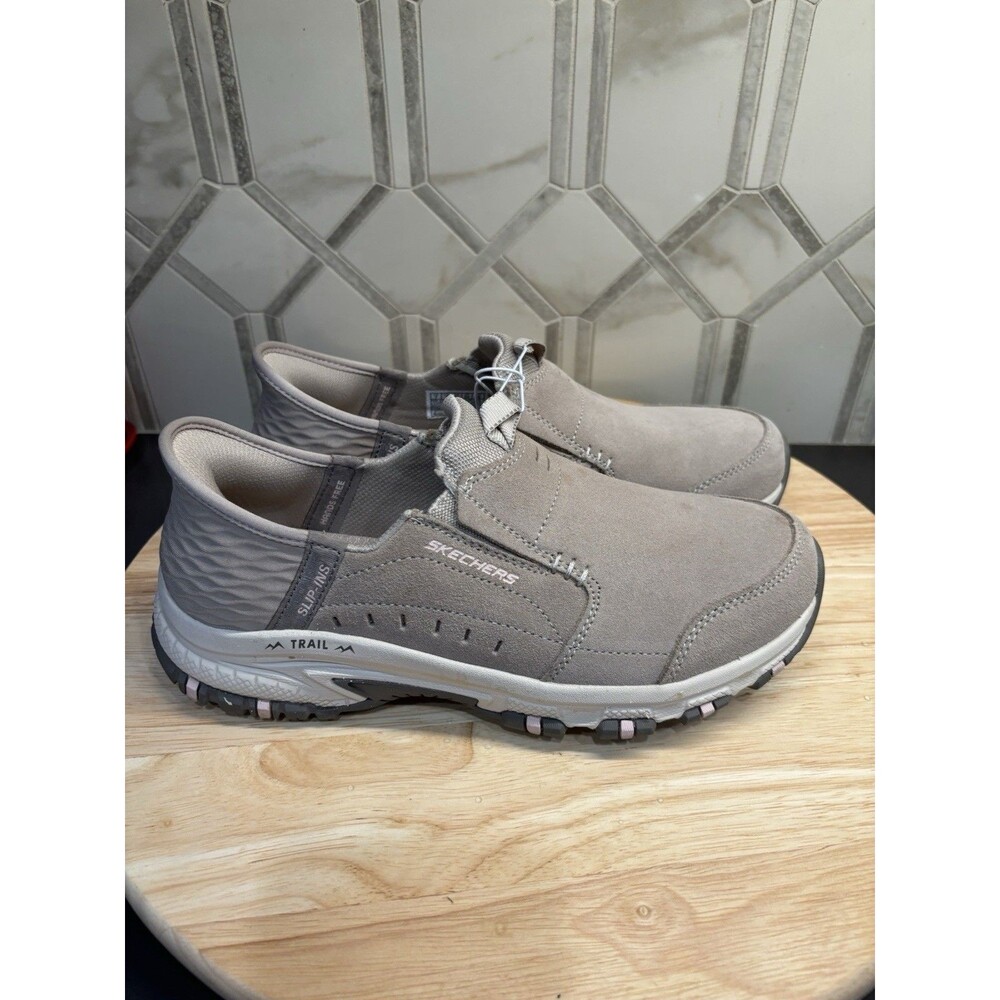 Skechers Slip Ins Womens 7 Hands Free Taupe Gray Suede Leather Memory Foam Shoes
